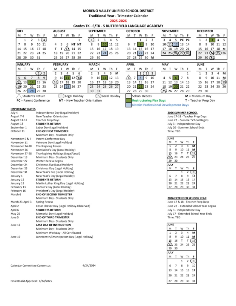 Academic Year Calendars Moreno Valley Unified School District
