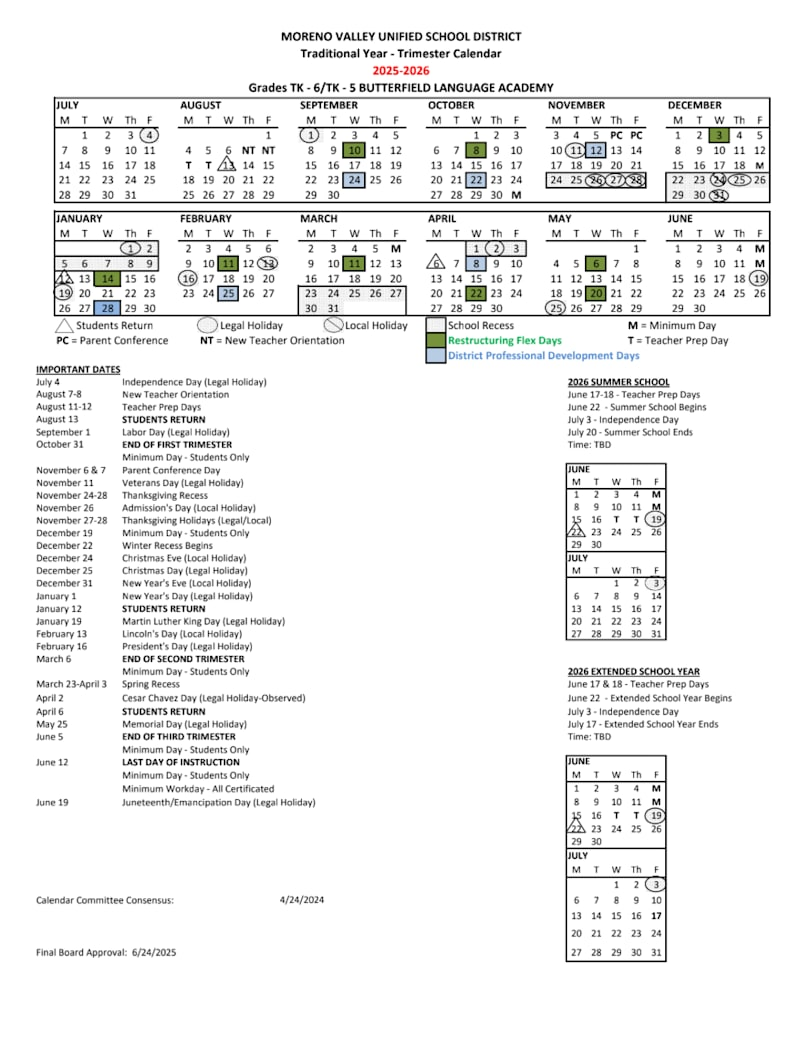 Academic Year Calendars Moreno Valley Unified School District