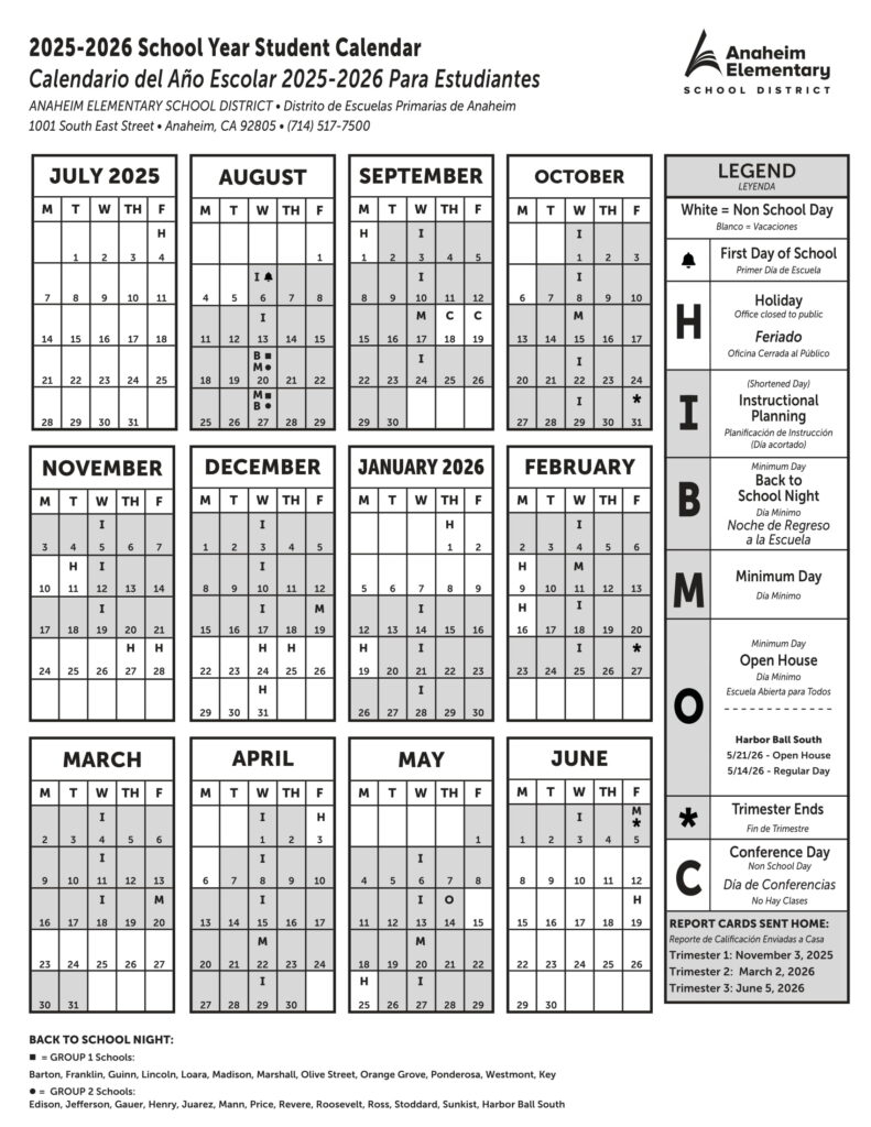 Anaheim Elementry School District Calendar 25 26 PDF EduCounty