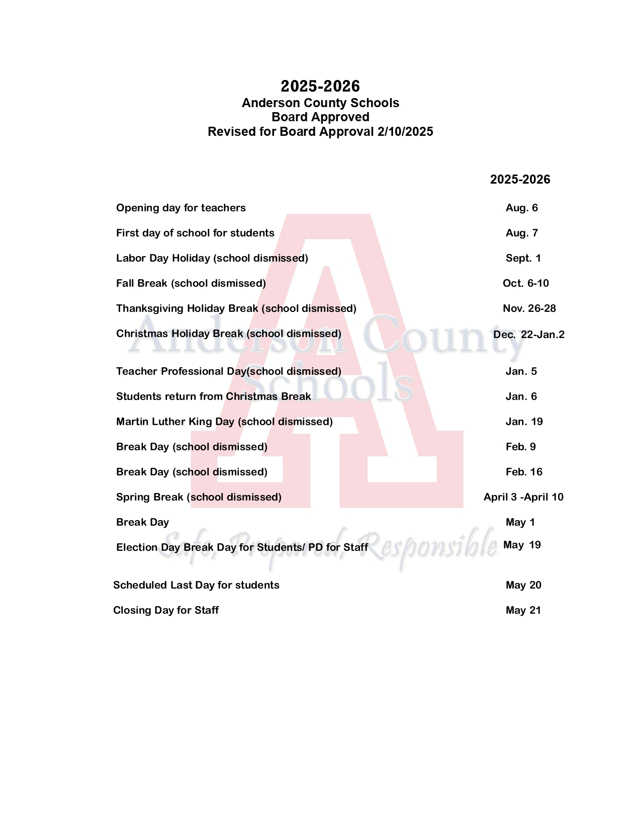 Anderson County Public Schools Ky Calendar 25 26 Revised PDF EduCounty