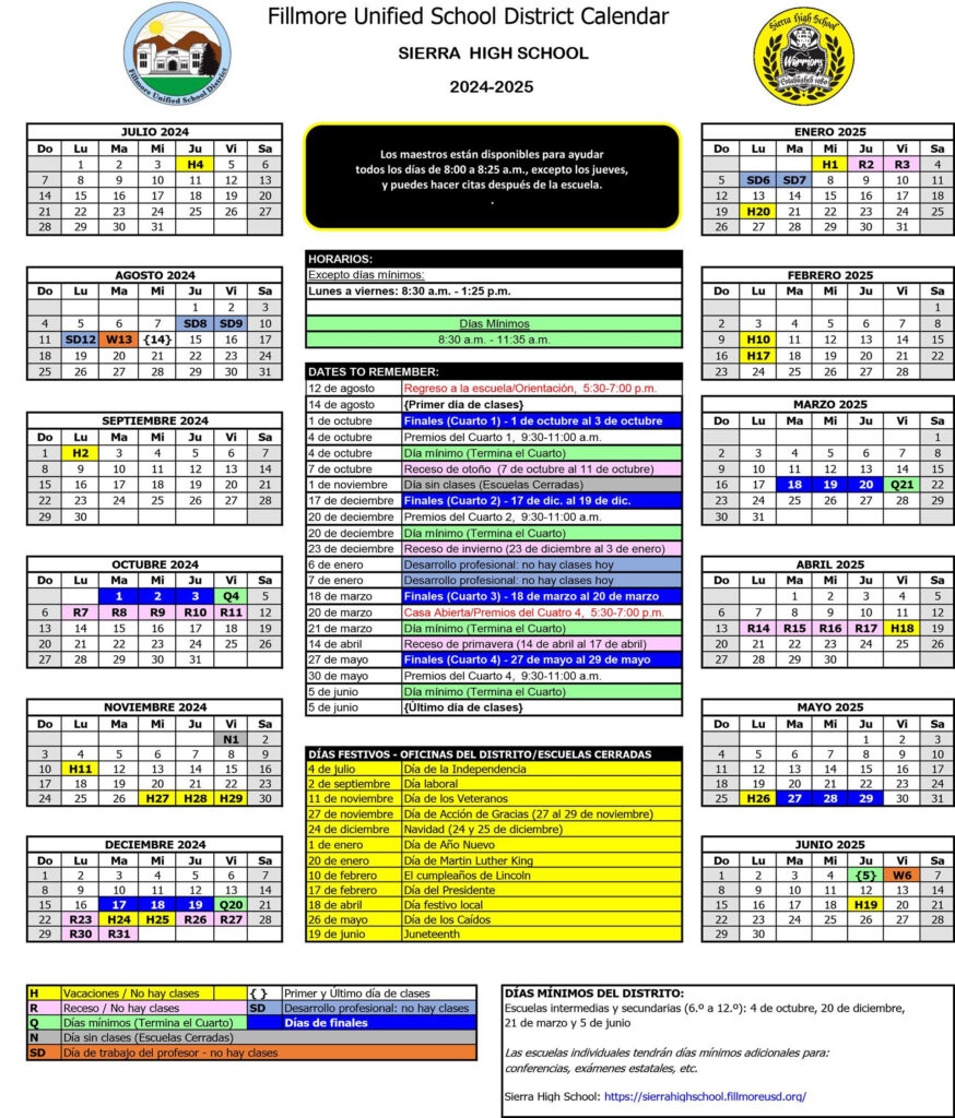 Annual Calendar 2024 25 School Year English Spanish About Us Sierra High School