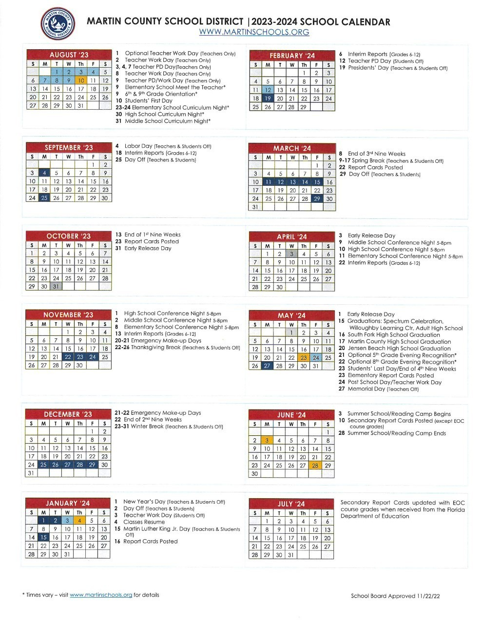 Approved 2023 2024 School Year Calendar Willoughby Learning Center