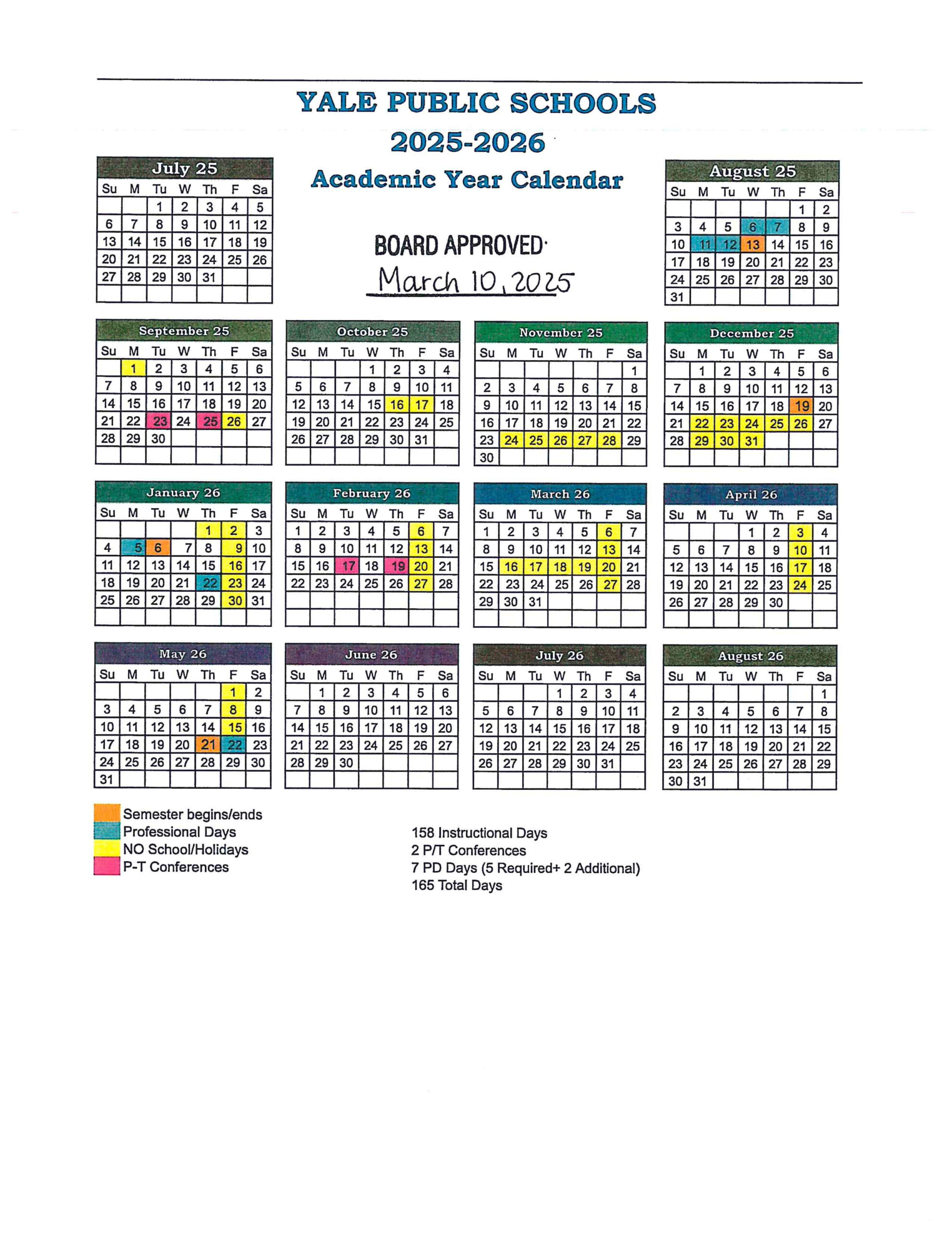 APPROVED 2025 2026 SCHOOL CALENDAR Yale Public Schools