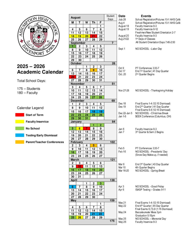 Assumption High School Academic Calendar 2025 2026 Assumption High School