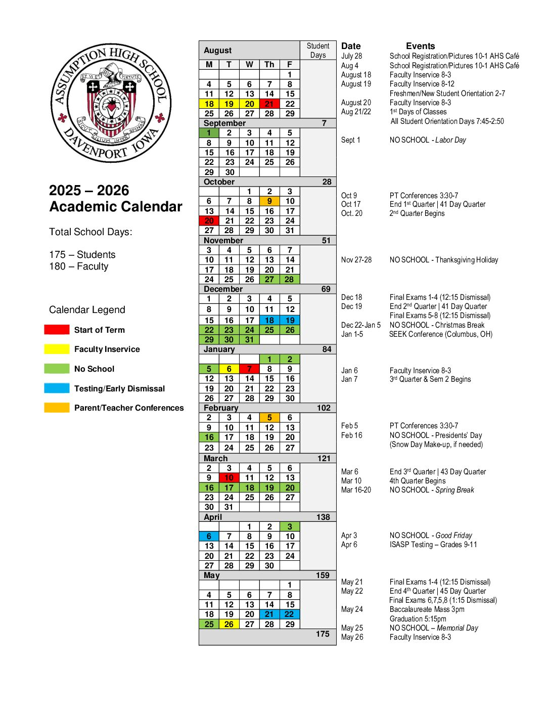 Assumption High School Academic Calendar 2025 2026 Assumption High School