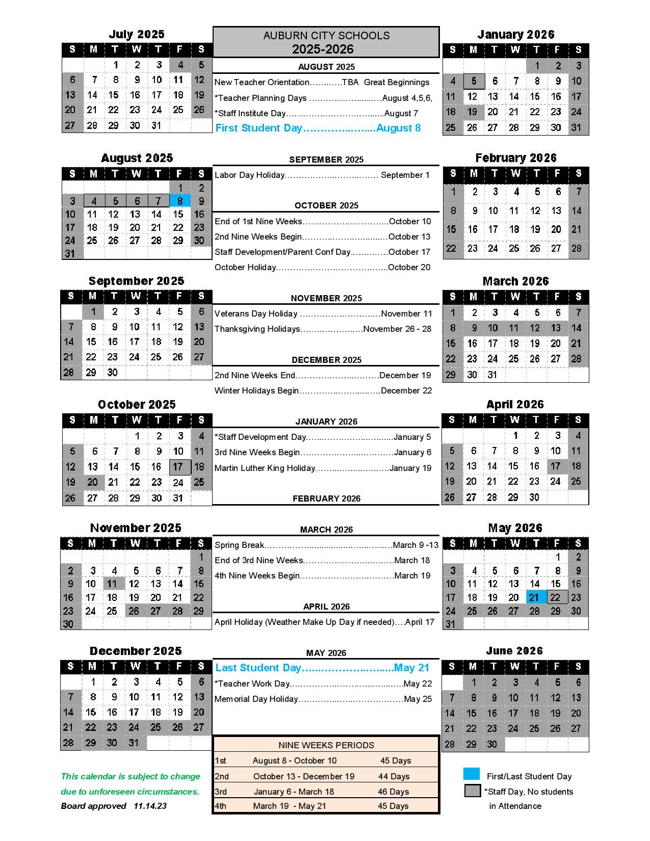 Auburn City Schools Calendar 2025 2026 ACS Holidays