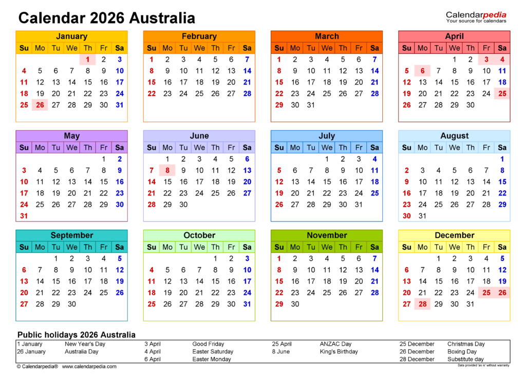Australia Calendar 2026 Free Printable Excel Templates