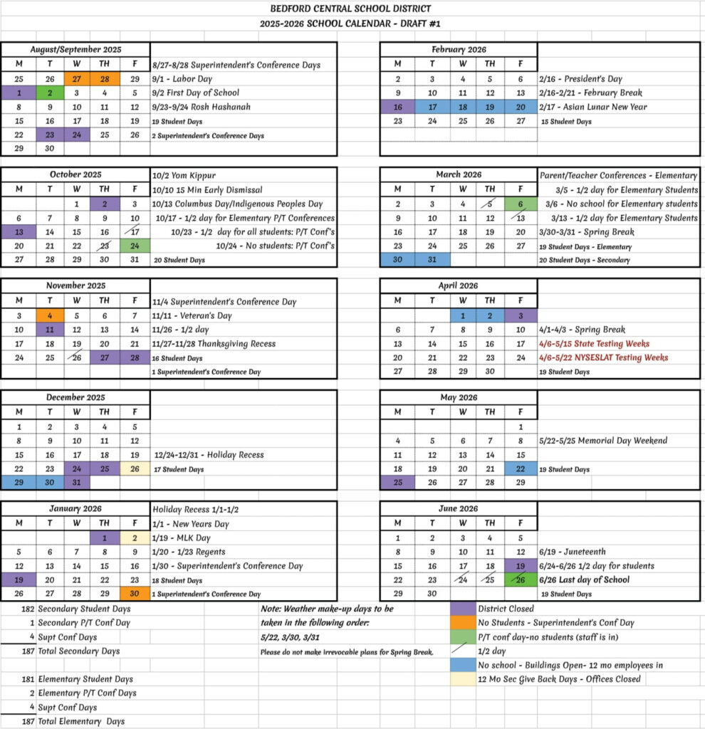 Bedford Central School District Calendar 25 26 PDF Revised EduCounty