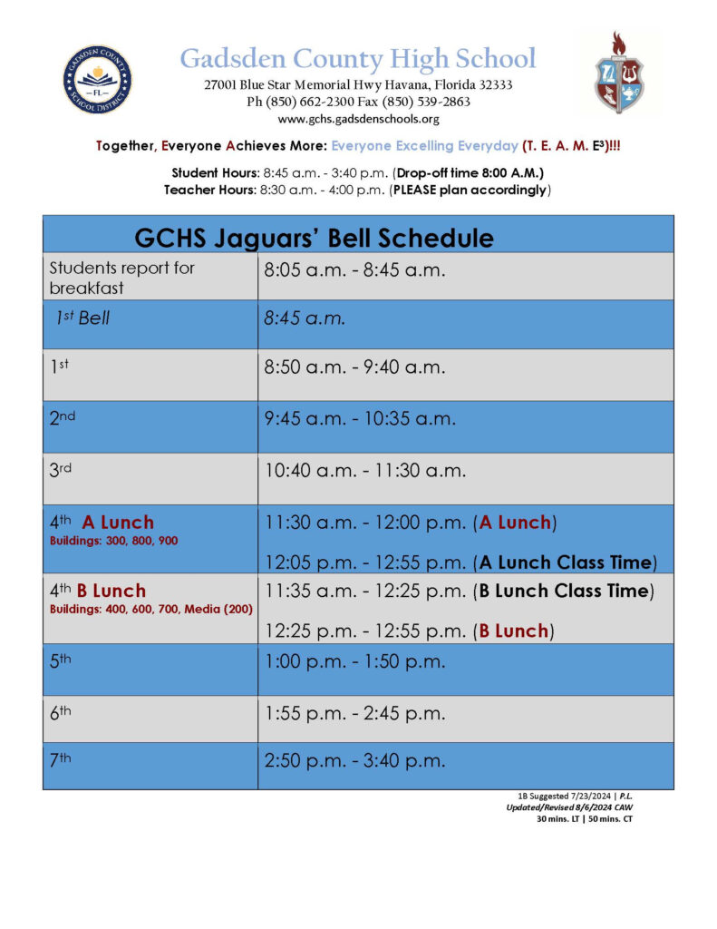 Bell Schedule Gadsden County High School