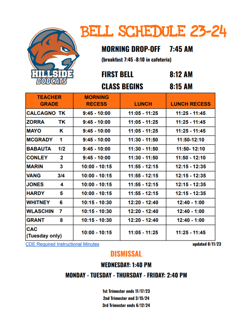 Bell Schedule School Information Hillside Elementary School