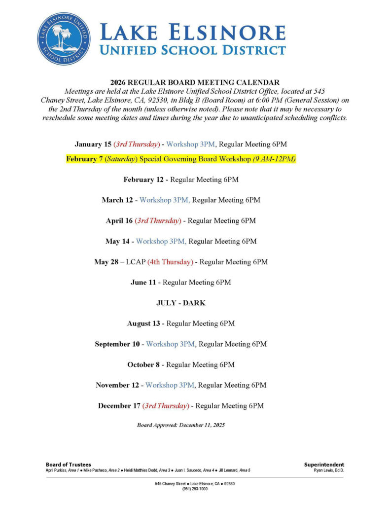 Board Meetings Board Lake Elsinore Unified School District