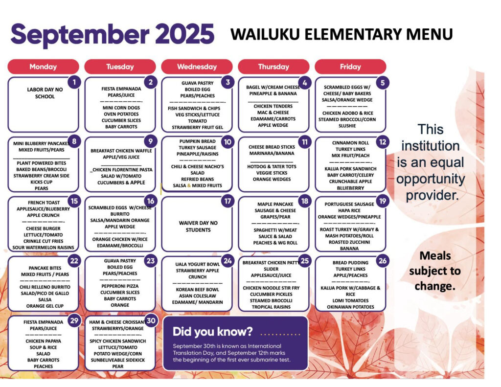 Breakfast And Lunch Menu Bus Meal Program Wailuku Elementary