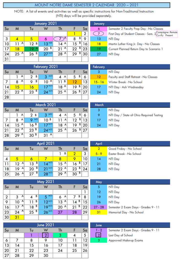 Calendar 2020 2021 Sem2 Mount Notre Dame High School
