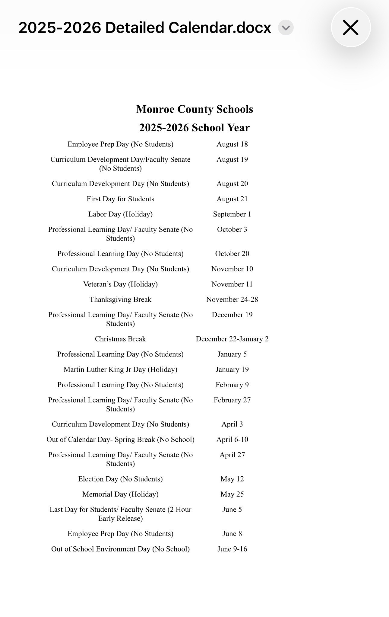 Calendar 25 26 Monroe County Schools