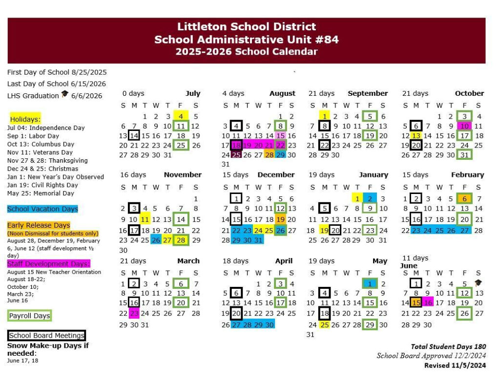 Calendar About Us Littleton School District SAU 84
