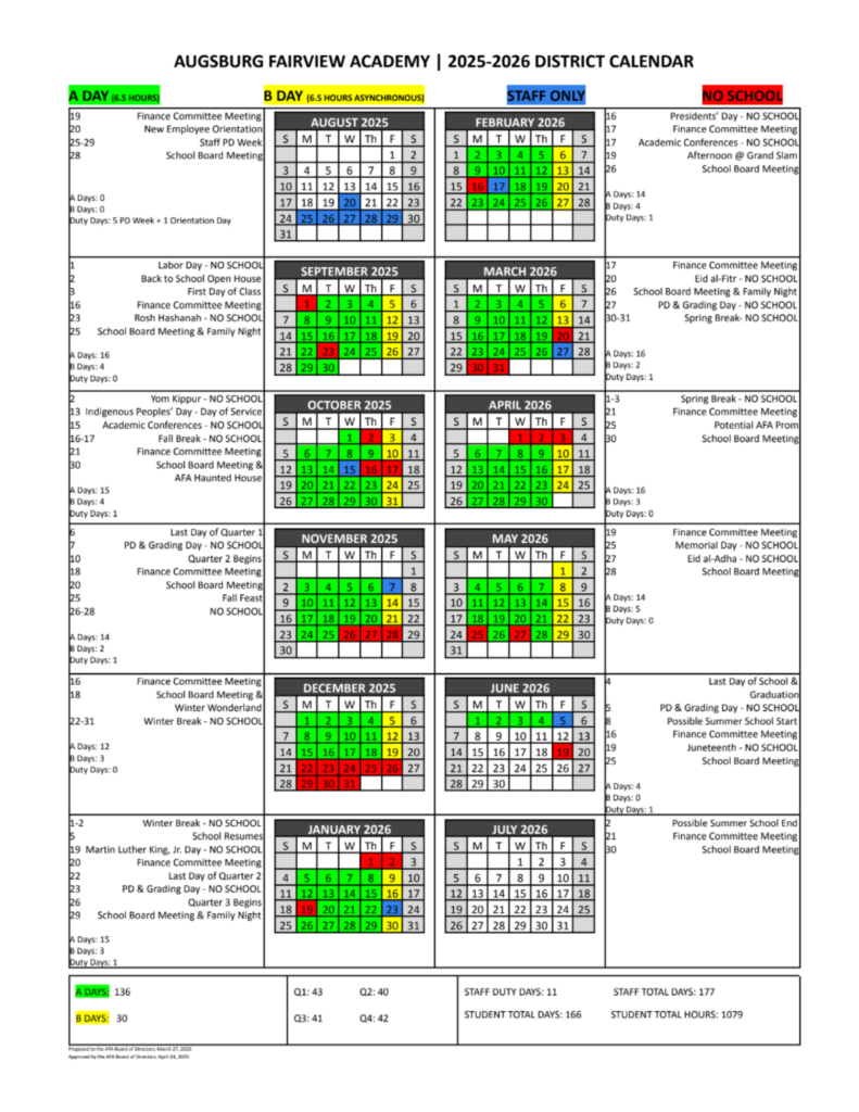Calendar Augsburg Fairview Academy