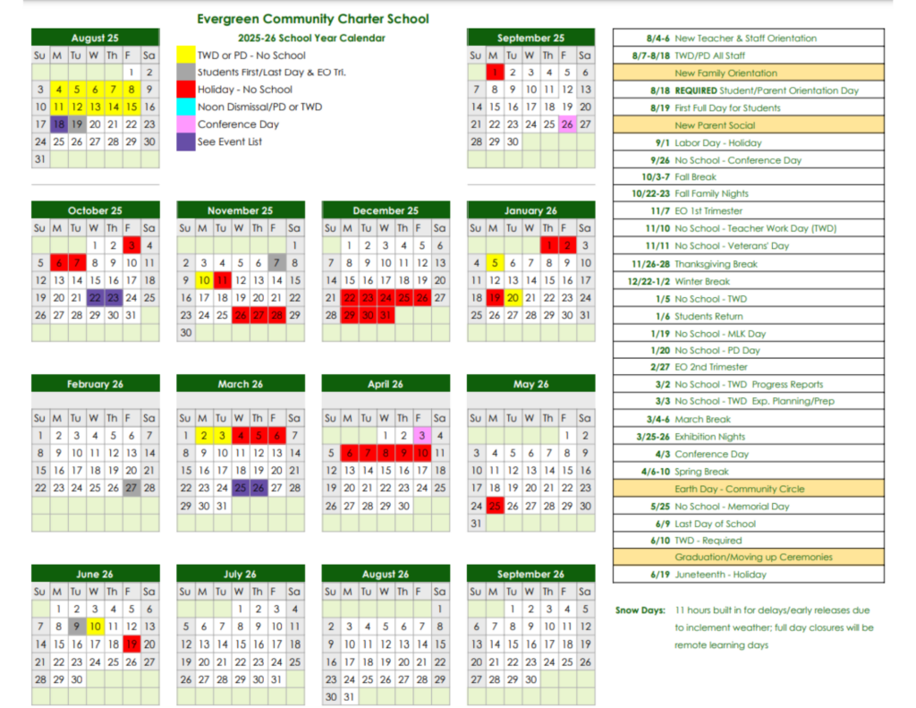 Calendar Evergreen Community Charter School