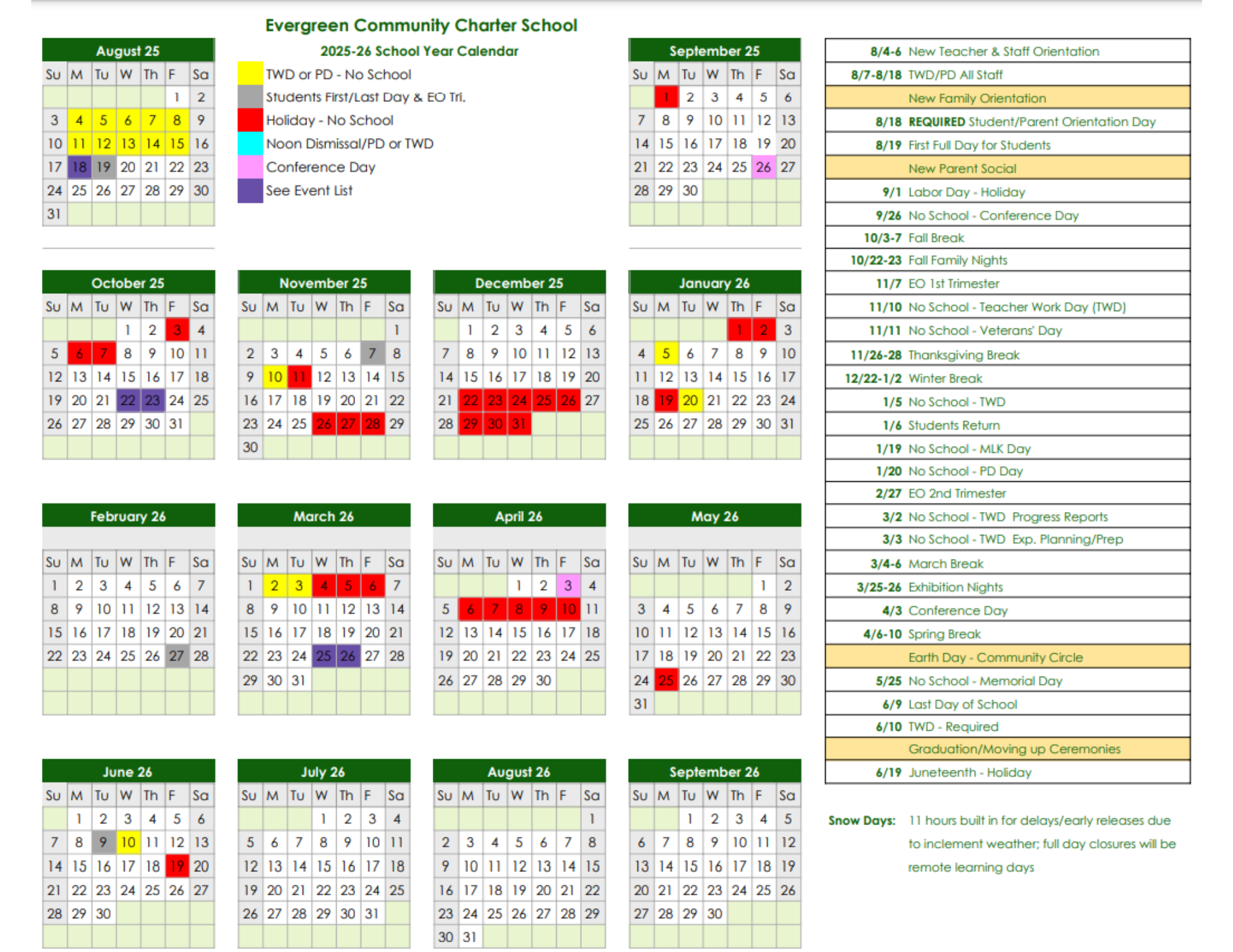 Calendar Evergreen Community Charter School