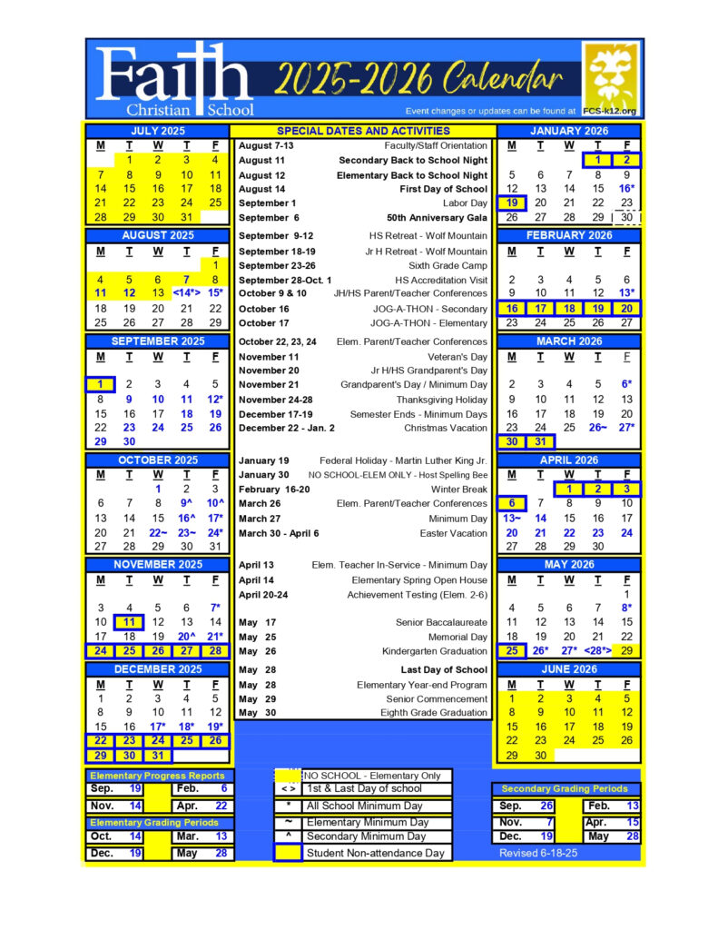 Calendar Faith Christian School Inc 