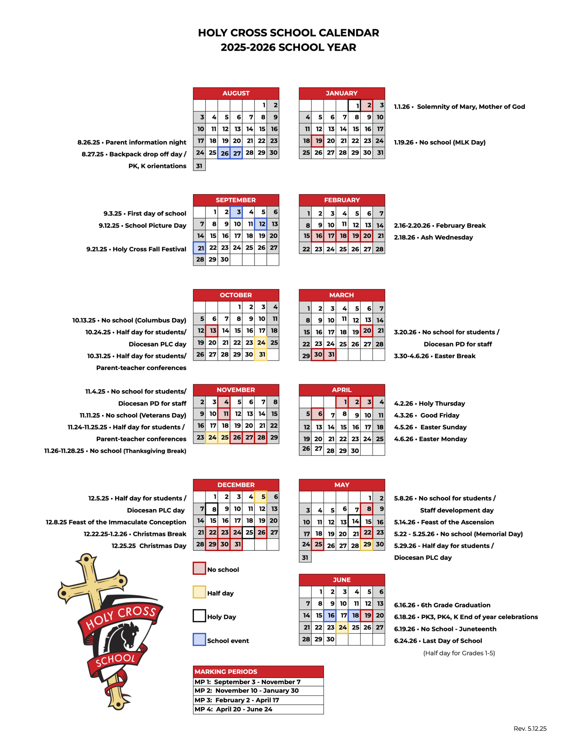 Calendar Holy Cross School