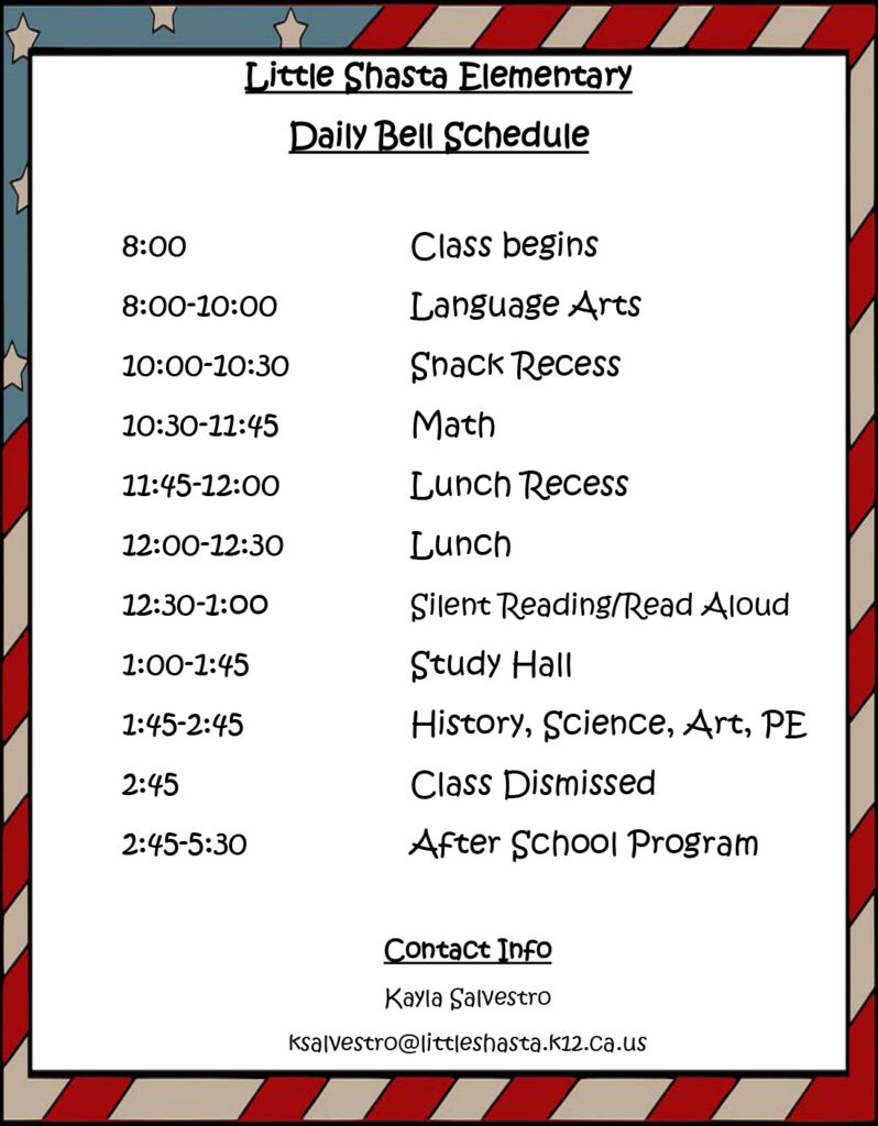 Calendar Little Shasta Elementary