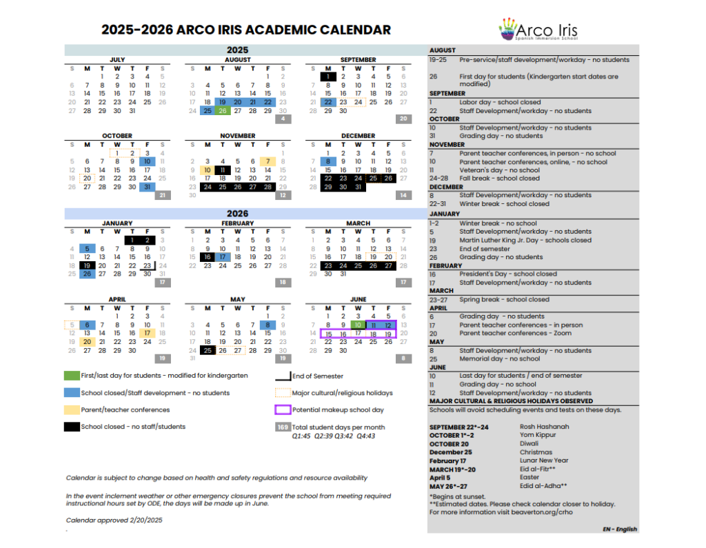 Calendar Miscellaneous Arco Iris Spanish Immersion School