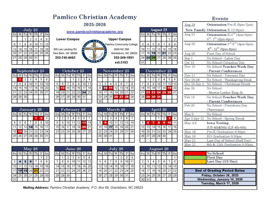 Calendar Pamlico Christian Academy