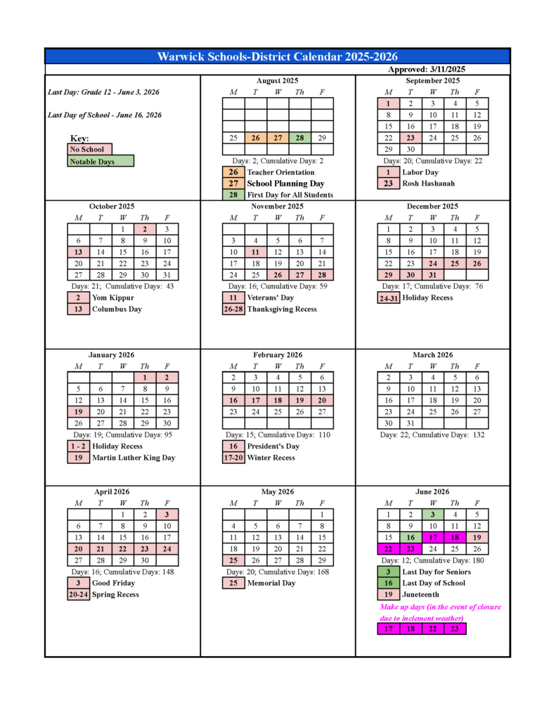 Calendar Schedules Warwick Public Schools