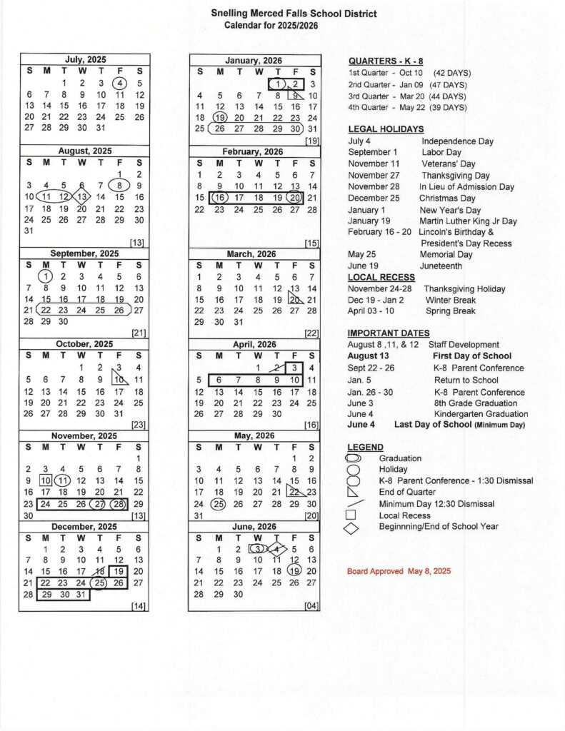 Calendar Snelling Merced Falls Elementary