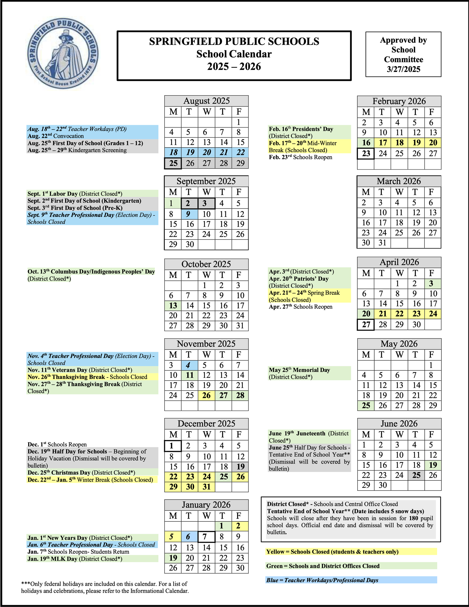 Calendar Springfield Public Schools
