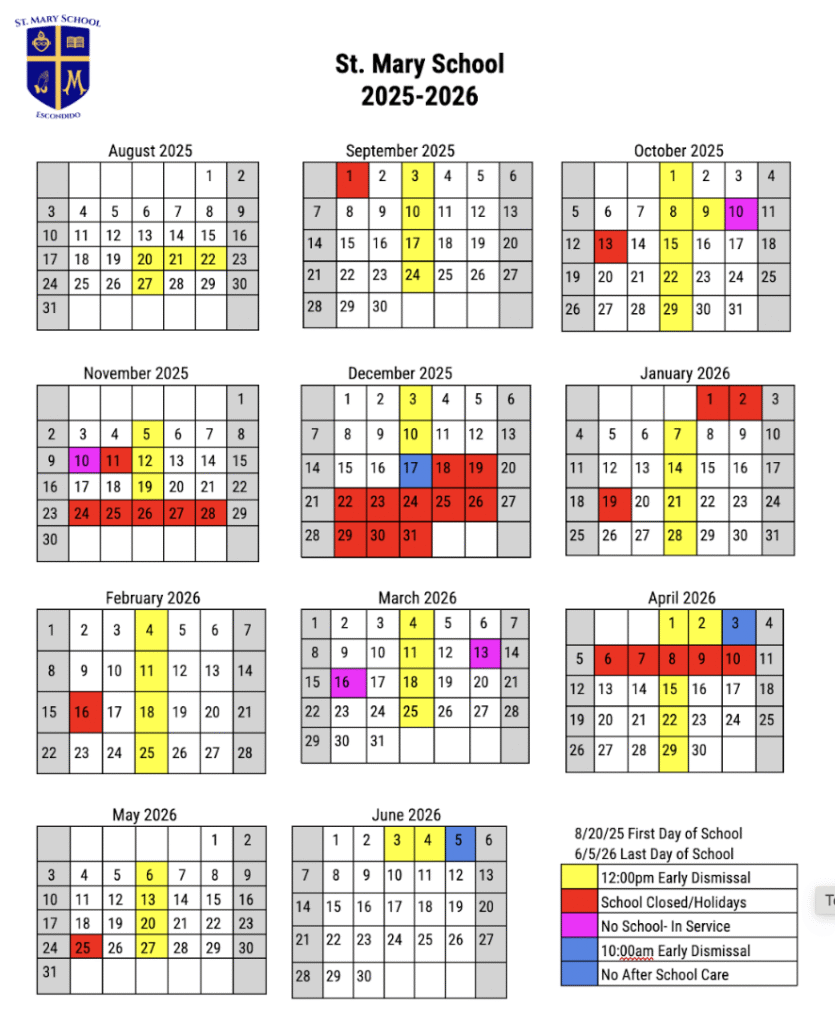 Calendar St Mary School Escondido