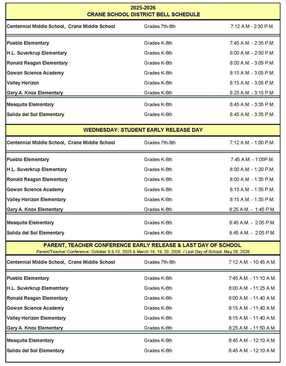 Calendar Students Parents Crane Elementary School District