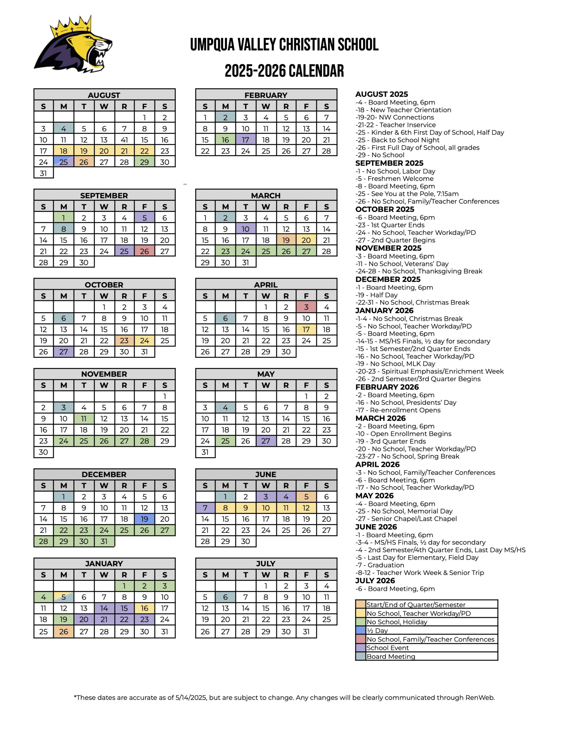 Calendar Umpqua Valley Christian School