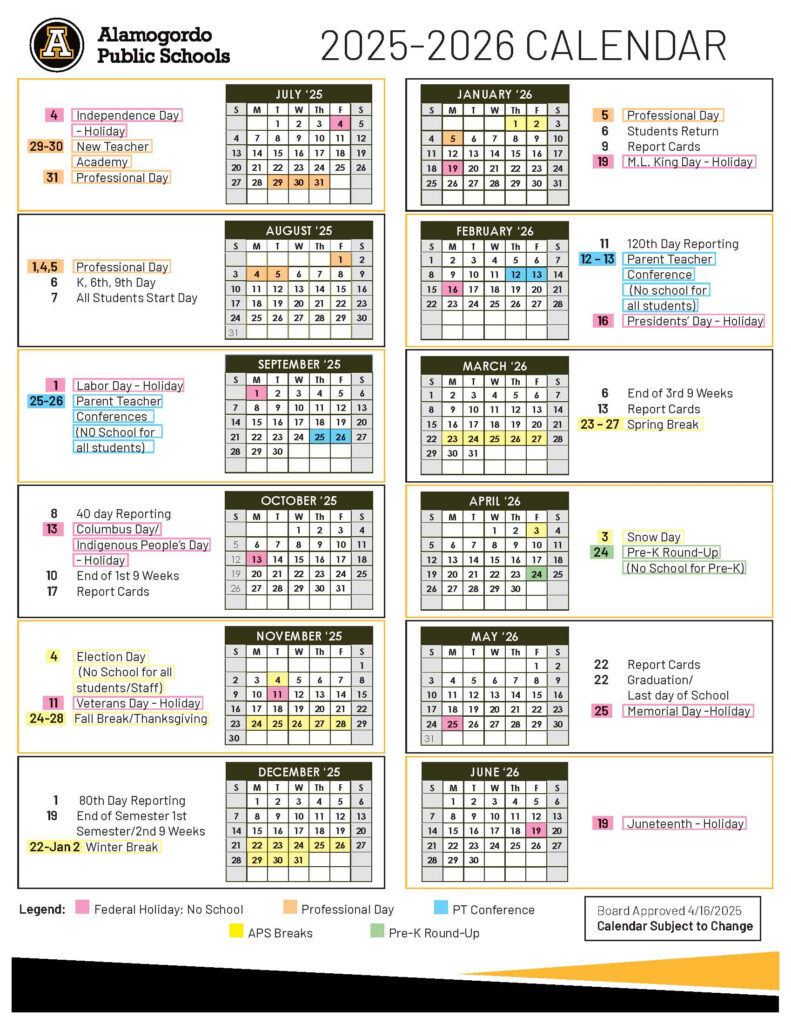 Calendars Alamogordo Public Schools
