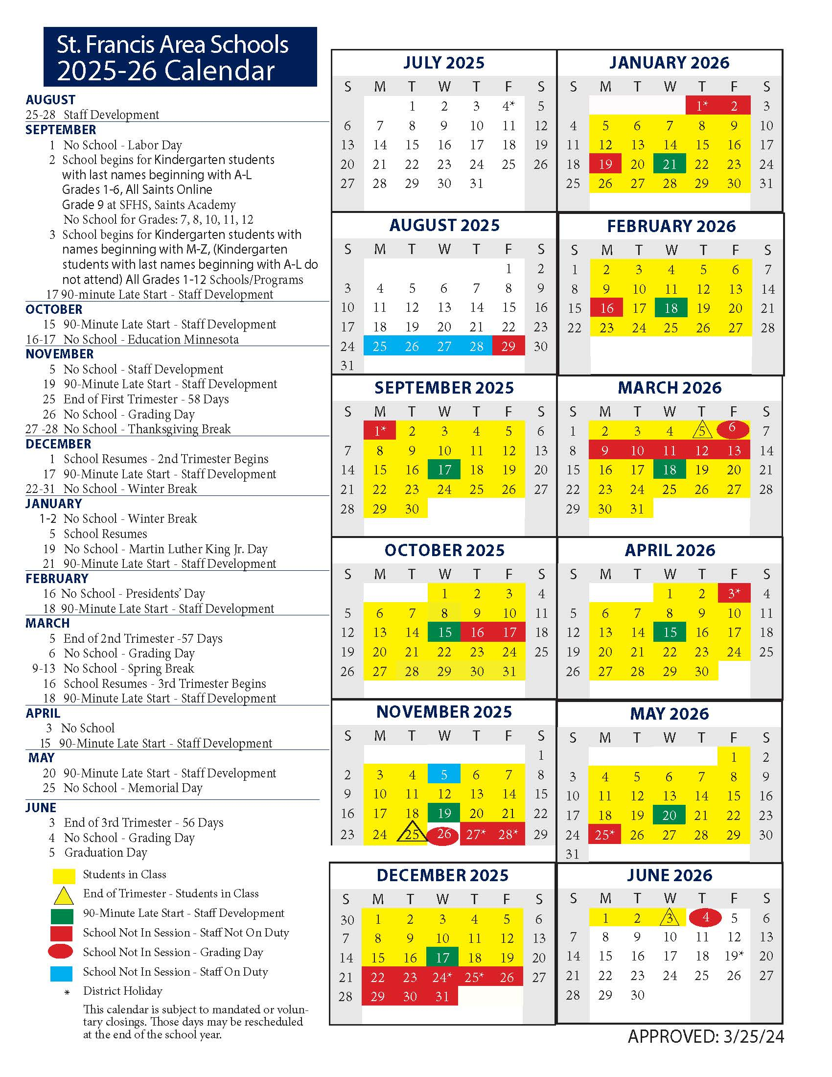 Calendars St Francis Area Schools