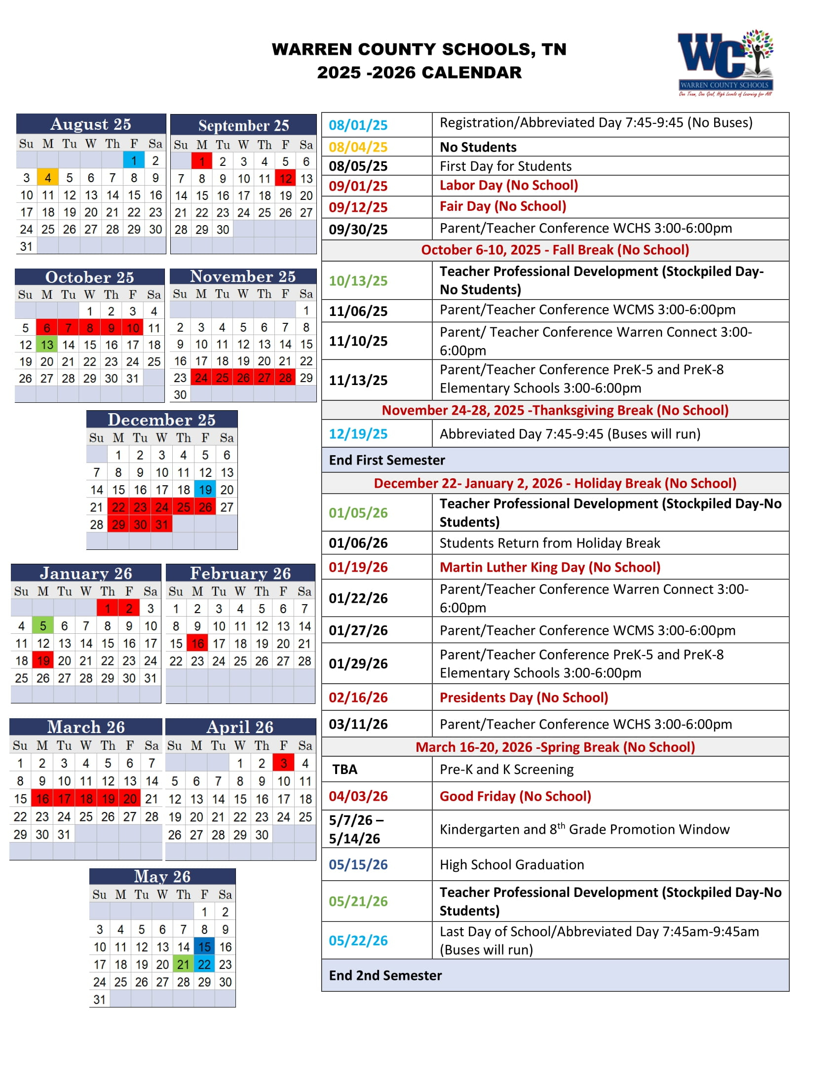 Calendars Warren County Schools