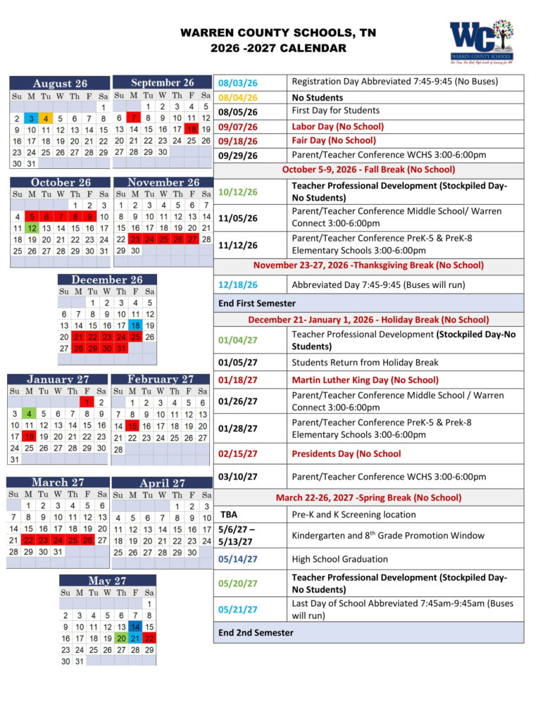 Calendars Warren County Schools