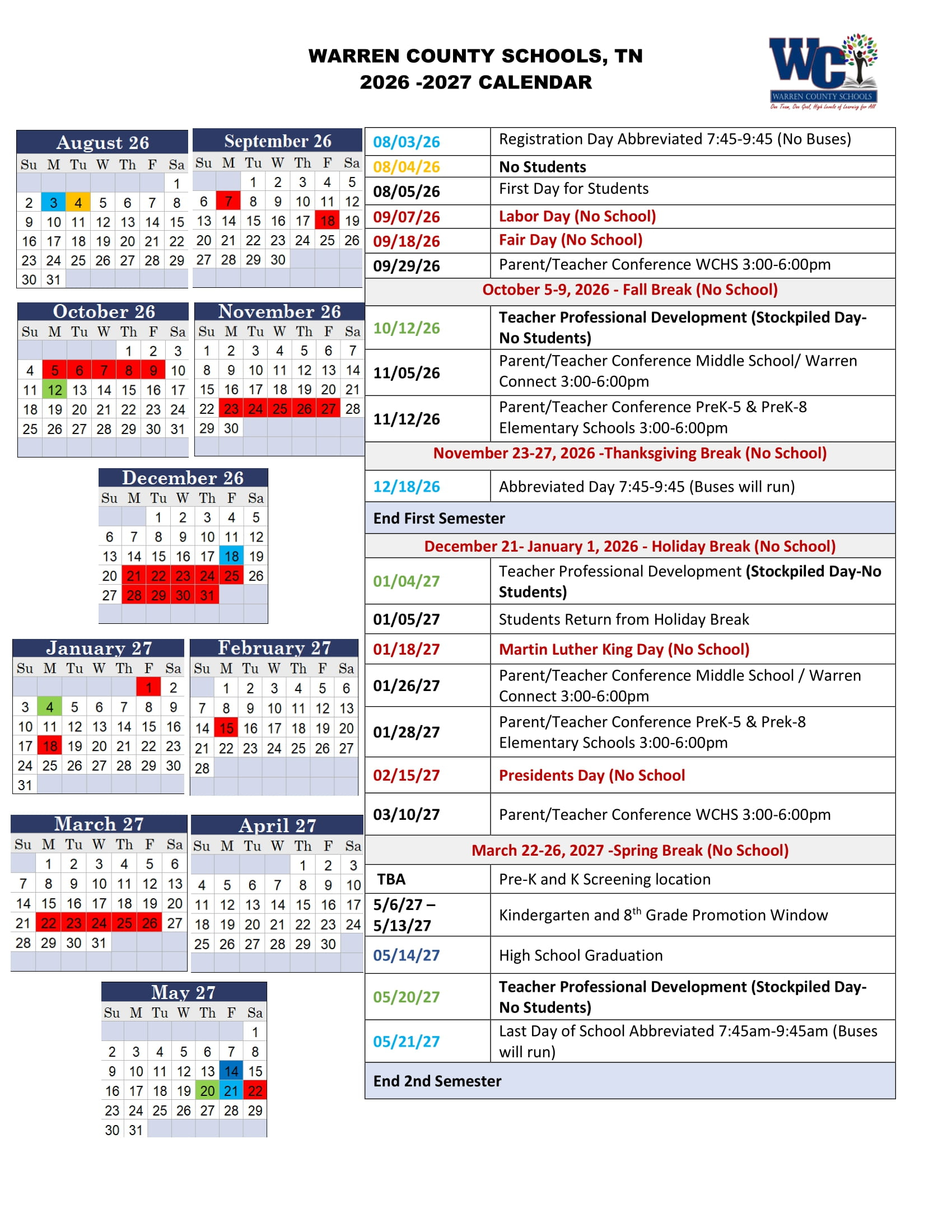 Calendars Warren County Schools