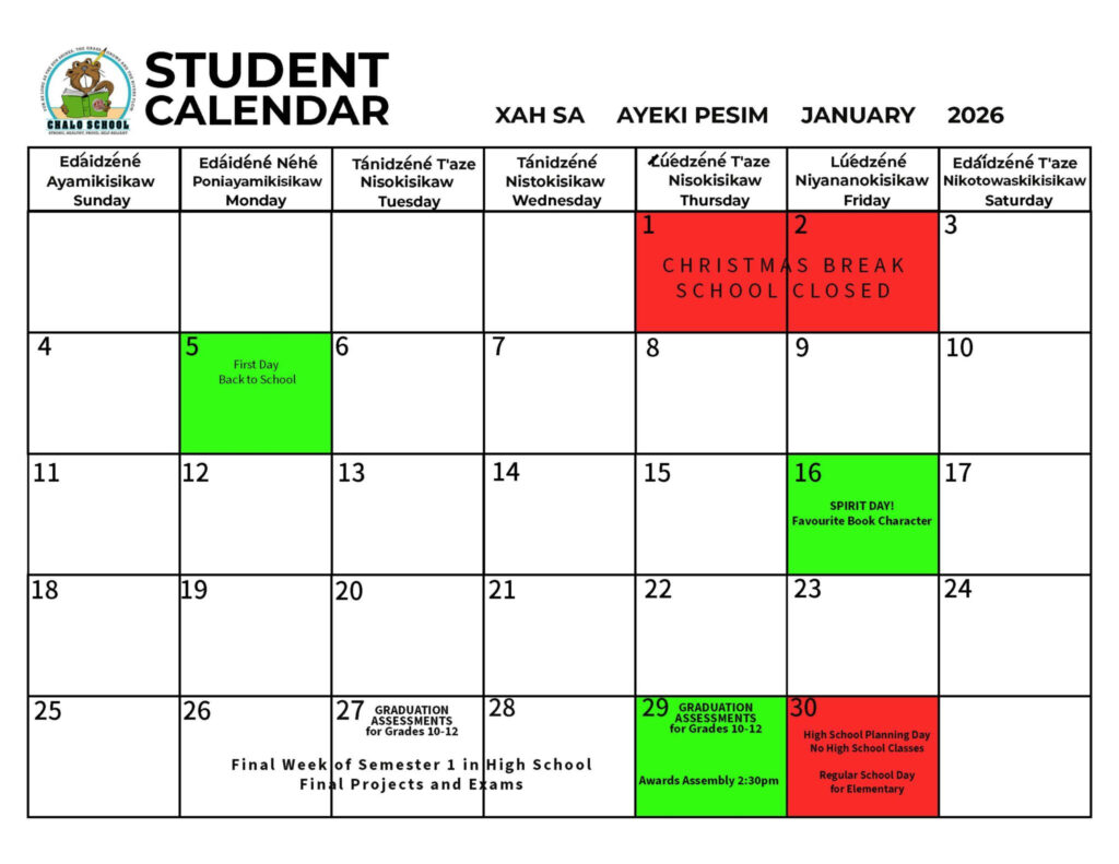 Chalo School January 2026 Calendar Fort Nelson First Nation