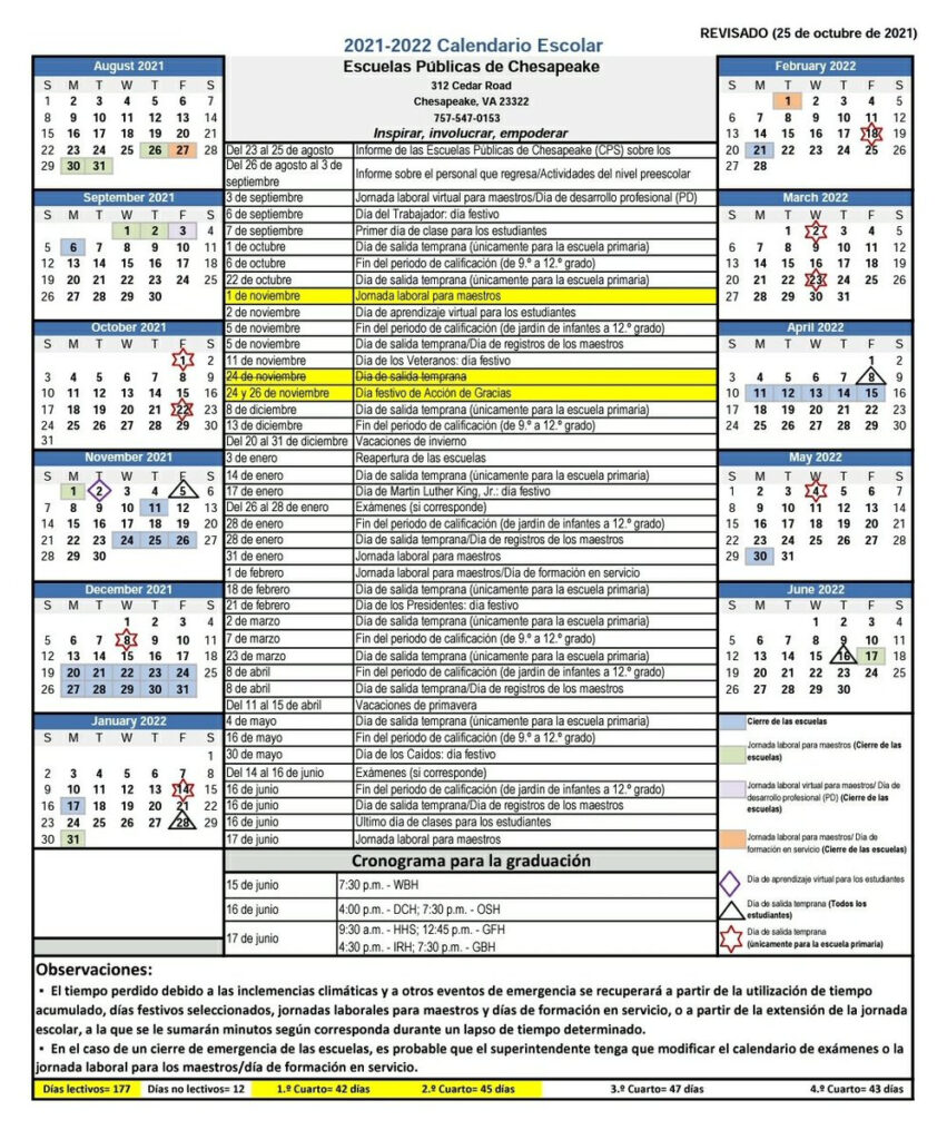 Chesapeake Public Schools 2021 2022 Calendar updated 10 25 21 TreaklePride TES