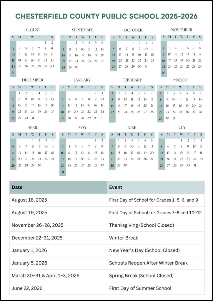 Chesterfield County Public School Calendar 2025 2026 Dates 