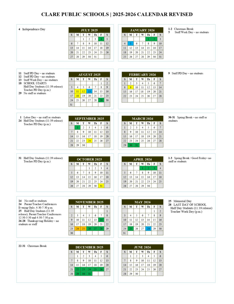 CLARE PUBLIC SCHOOLS MI Calendar 25 26 Revised EduCounty