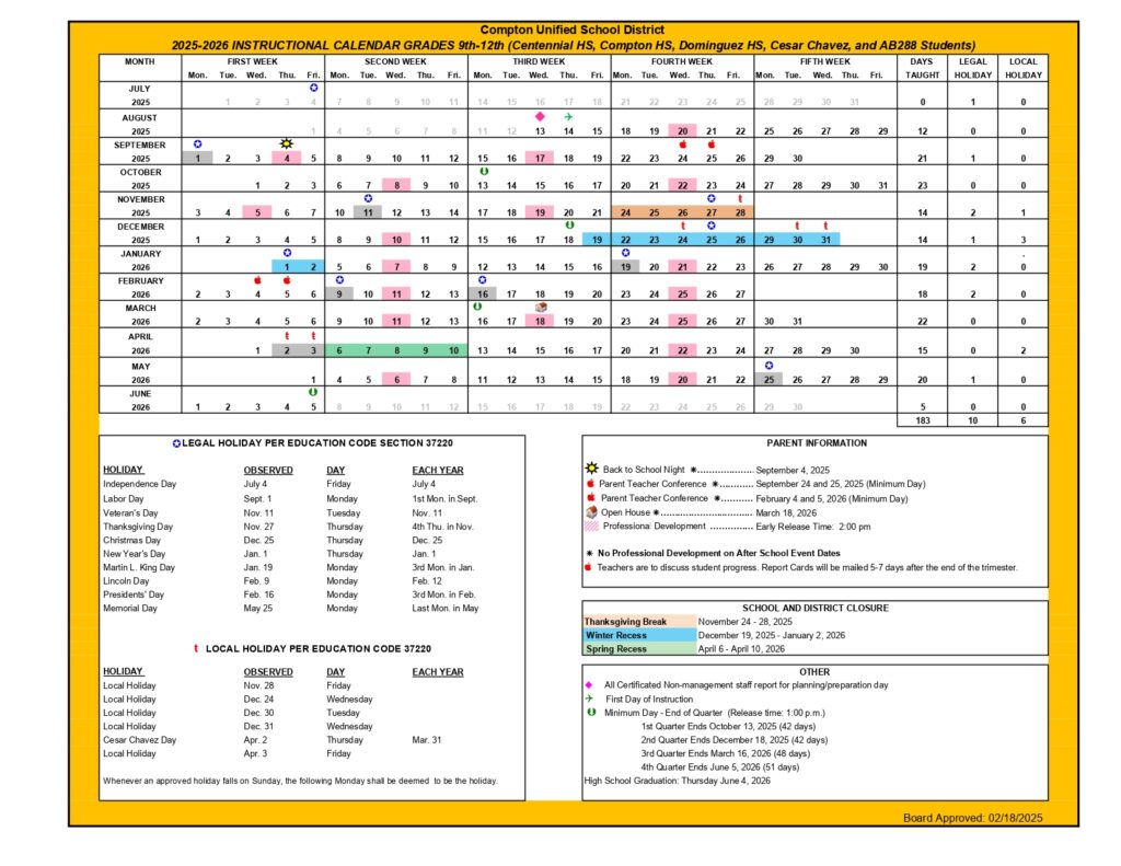 Compton Unified School District Calendar 25 26 Revised PDF EduCounty