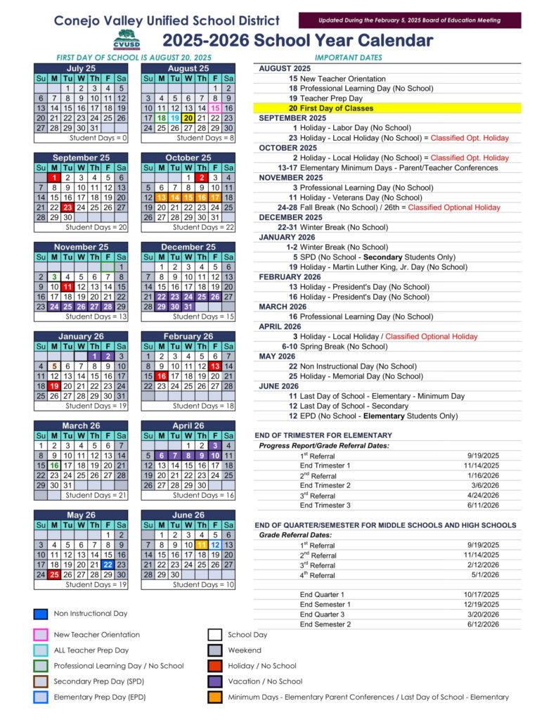 Conejo Valley Unified CVUSD Calendar 25 26 PDF Revised EduCounty