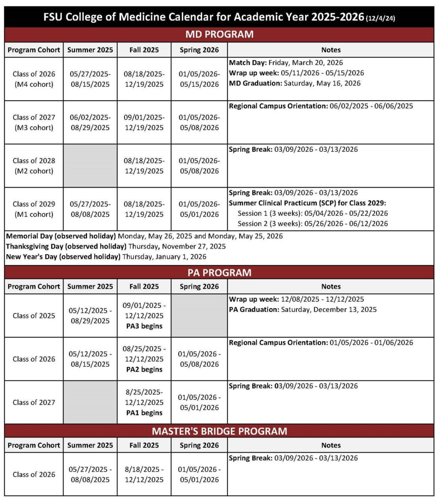 CURRENT Academic Programs Calendar College Of Medicine