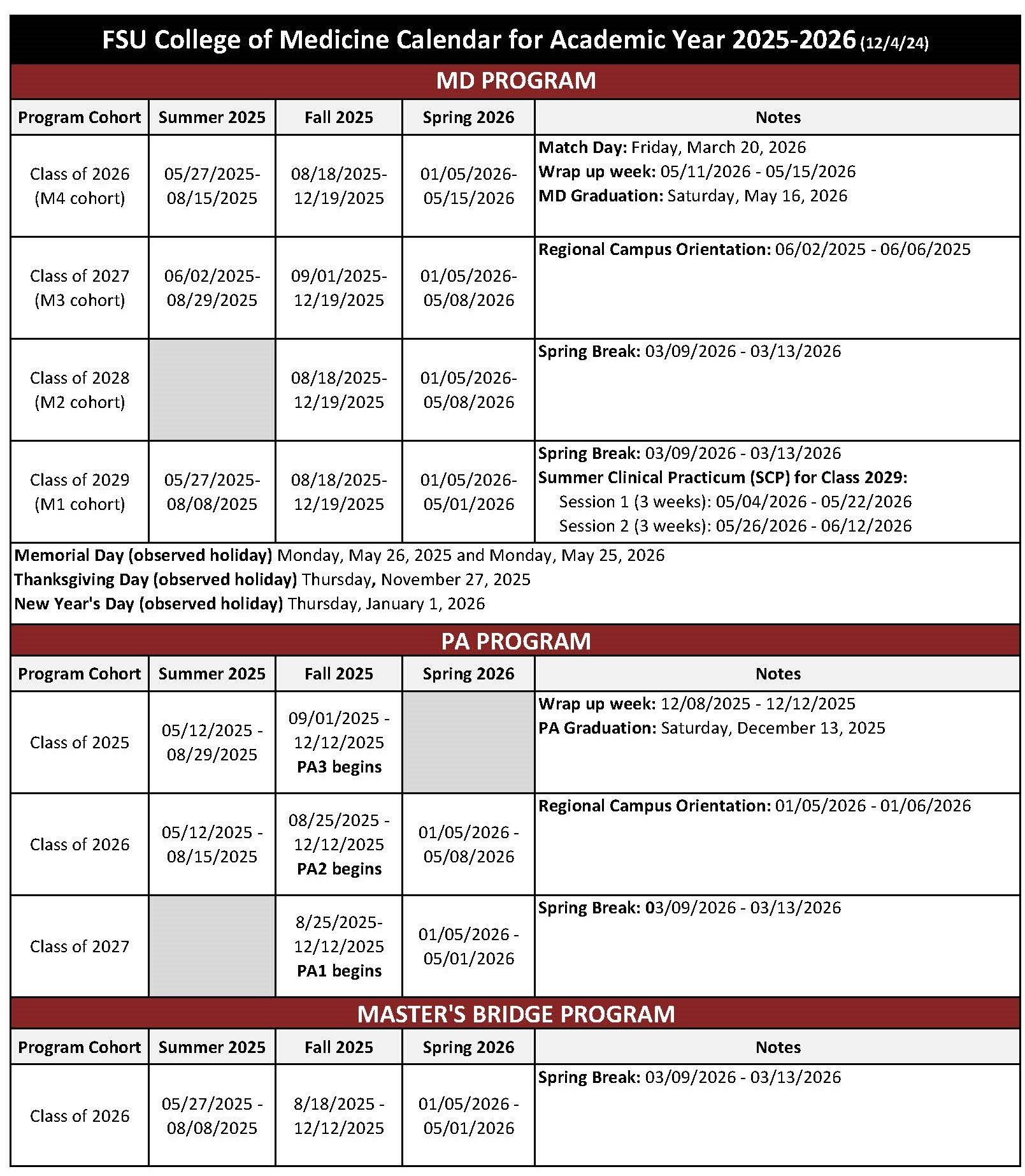 CURRENT Academic Programs Calendar College Of Medicine