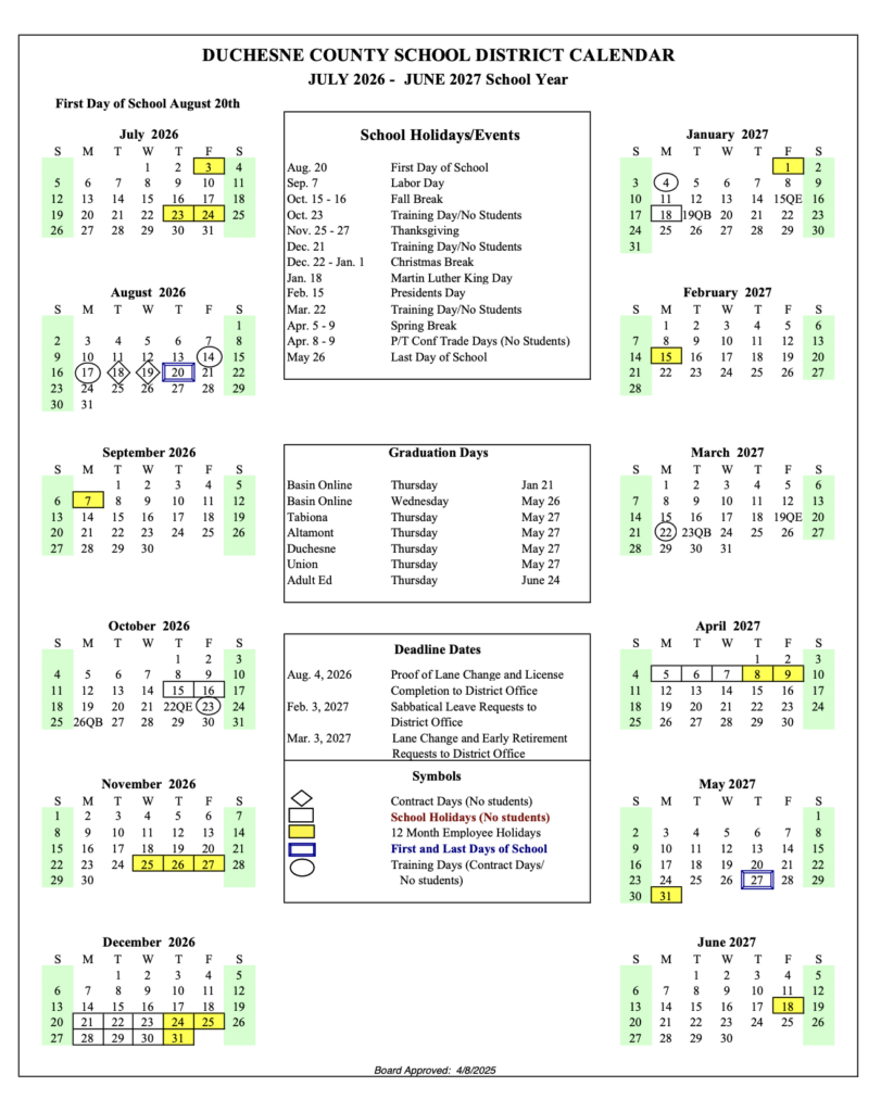 DCSD 2026 27 School Calendar Duchesne County School District