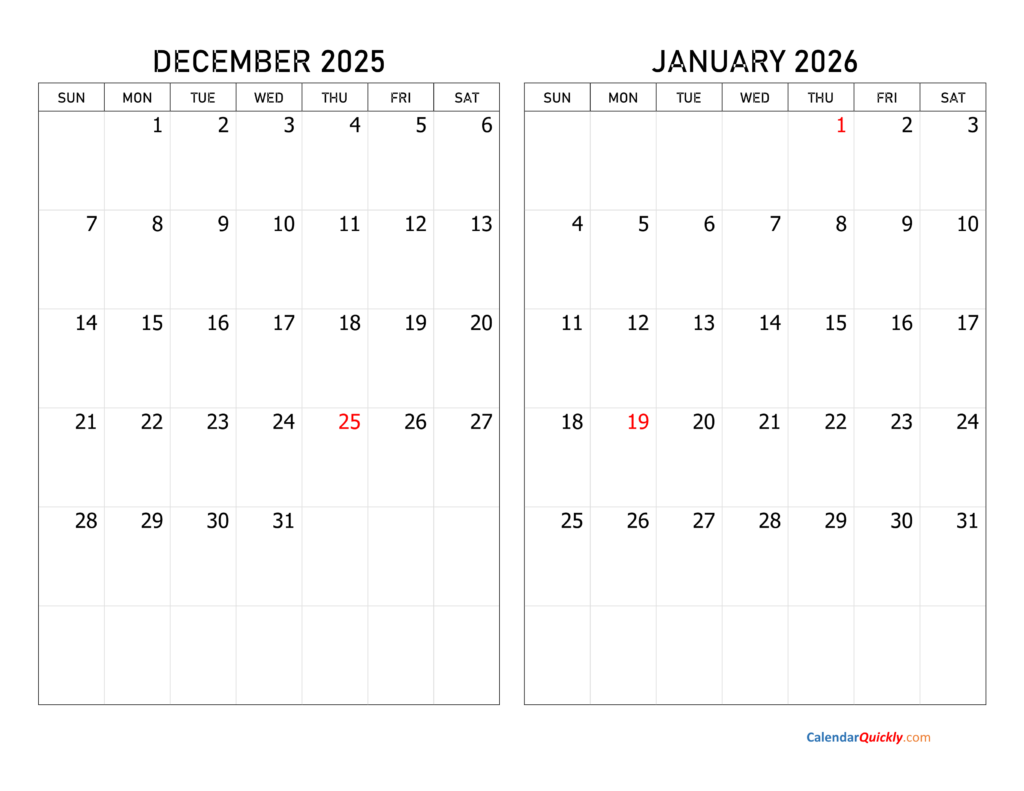 December 2025 And January 2026 Calendar Calendar Quickly