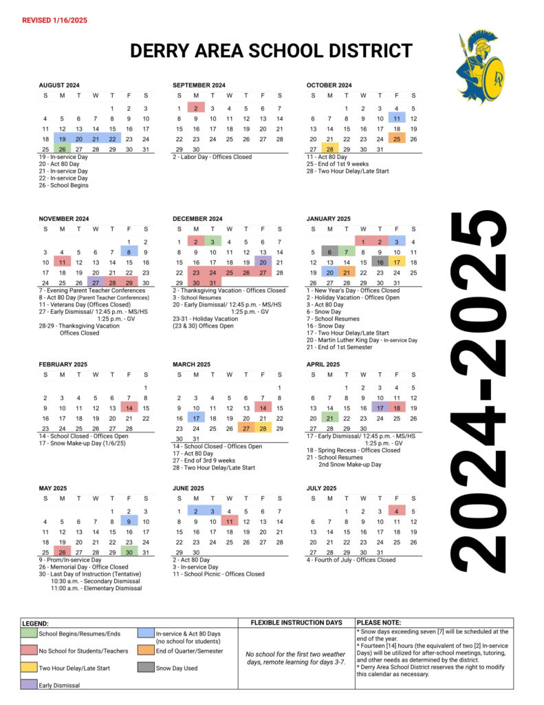 Derry Area School District Calendar 24 25 PDF Revised EduCounty
