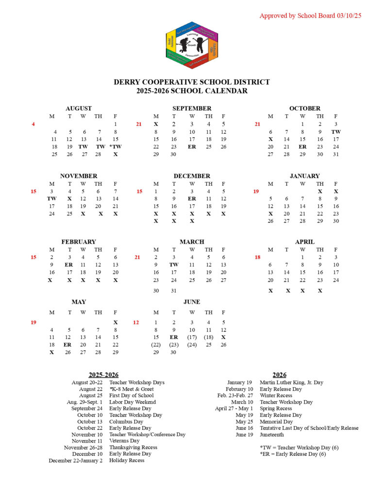 Derry Cooperative School District Calendar 25 26 Revised pdf EduCounty